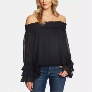 CeCe Black Off-Shoulder Ruffled Long-Sleeve Blouse